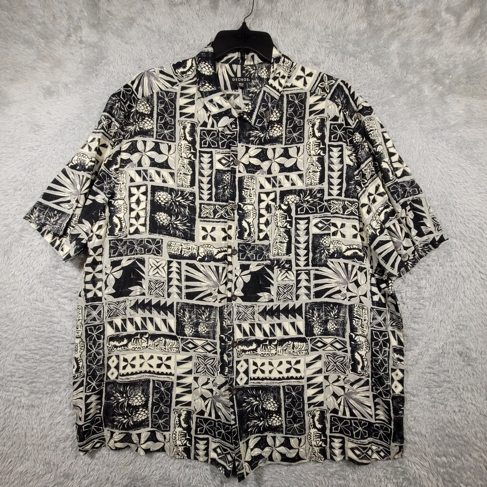George Button Up Shirt Mens 2XL Aztec Black Tribal Pineapple Rayon *